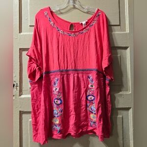 Westbound Pink Floral Embroidered Short Sleeve Keyhole Back Blouse Size: XL